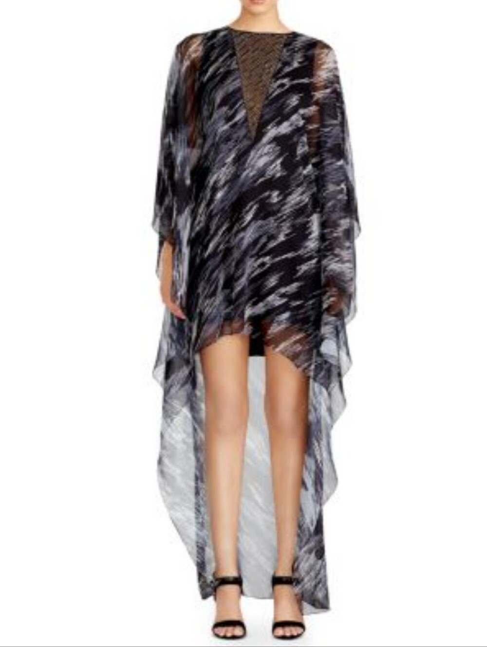 Halston Heritage Black Grey Hue Embellished  Kaftan Hi Low Iconic Dress